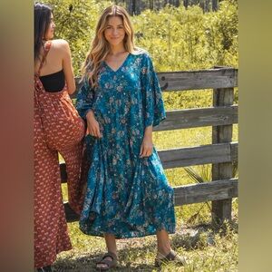 Natural Life Charlotte Maxi Dress Dark Turquoise Cream Floral Tiered Bell Sleeve